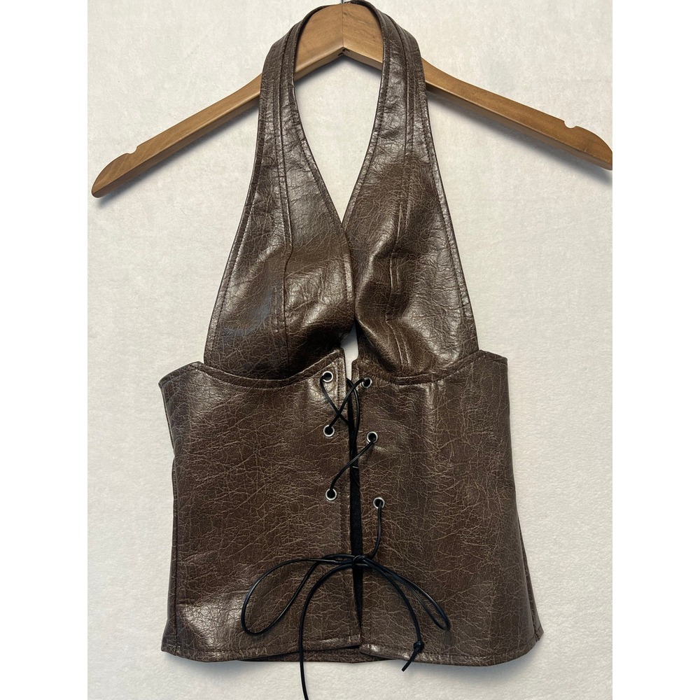 SHEIN XXS Halter Top Edgy Biker Western Brown Faux Leather Lace Up Front 3025